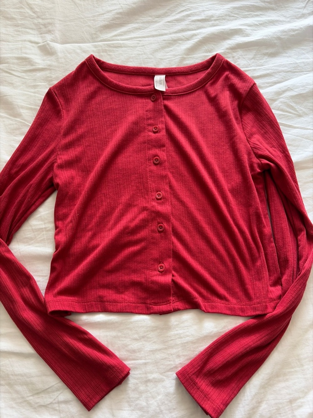 Auden Red Ribbed Button-Front Long Sleeve Tee